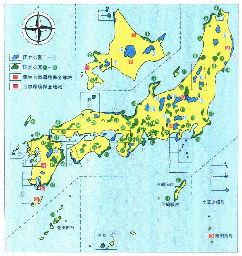 ●国立公園，国定公園および自然環境保全地域配置図（昭和54年3月末現在）