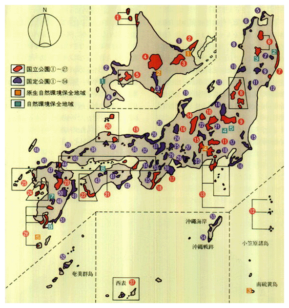 ●国立公園、国定公園および自然環境保全地域配置図（昭和57年8月15日現在）