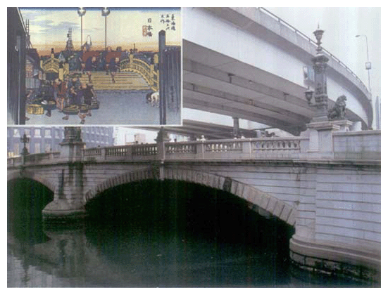 日本橋の昔と今（橋の上に高速道路が通り、昔日の面影が失われてしまった。）