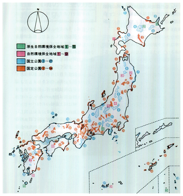 ■自然環境保全地域および自然公園配置図　昭和62年3月現在