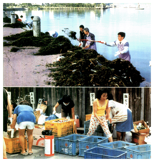 上段　市民による湖岸の清掃活動（長野県諏訪湖）　下段　市民による空カン・空ビン回収（岩手県盛岡市）