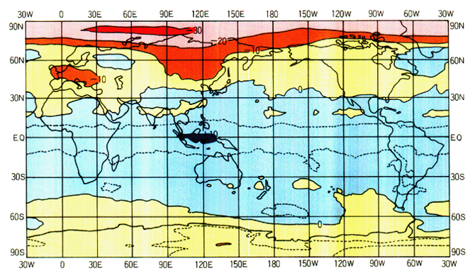オゾン全量分布（1990年3月）