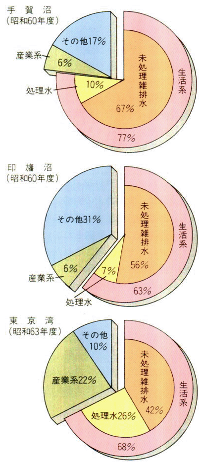 手賀沼、印旛沼、東京湾の発生源別汚濁負荷量の割合