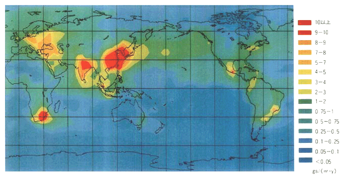 現状のまま対策をとらないと仮定した場合の2100年における硫黄降下量の世界分布