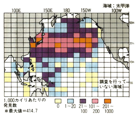 北大平洋の浮遊プラスチック分布（平成2年）