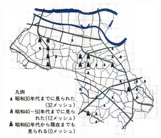 東京都板橋区におけるカブトムシの分布図