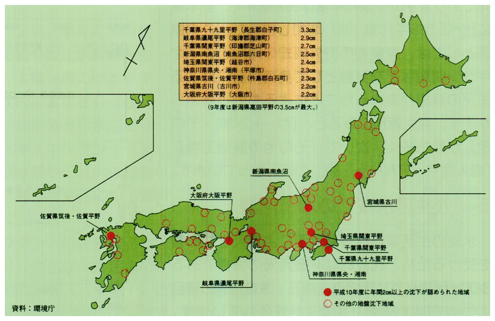 平成10年度の全国の地盤沈下の状況