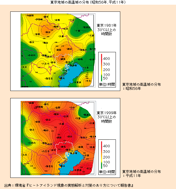 東京地域の高温域の分布（昭和５６年、平成１１年）