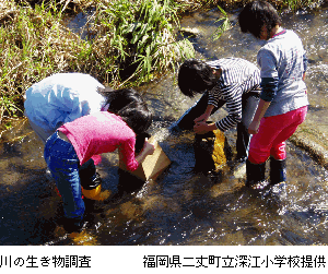 写真　川の生き物調査　福岡県二丈町立深江小学校提供