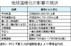 表　地球温暖化の影響の現状