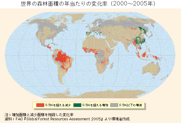 図　世界の森林面積の年当たりの変化率（2000年～2005年）