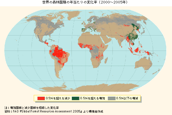 世界の森林面積の年当たりの変化率（2000年～2005年）
