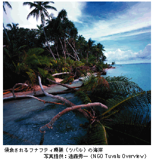 写浸食されるフナフティ環礁（ツバル）の海岸　写真提供：遠藤秀一（NGO Yubalu Overview）