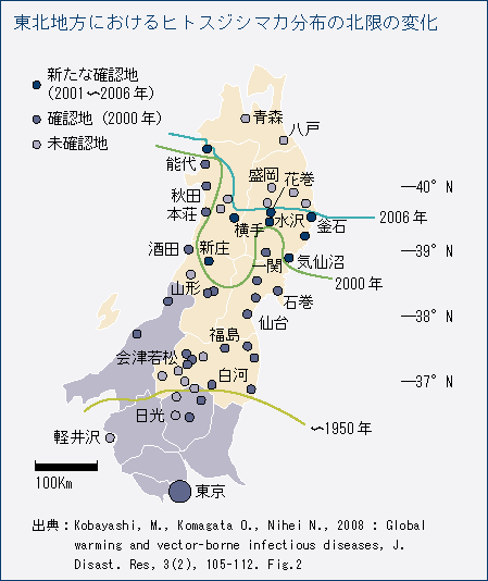 東北地方におけるヒトスジシマカ分布の北限の変化