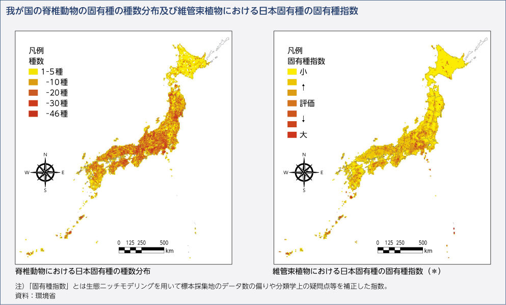 我が国の脊椎動物の固有種の種数分布及び維管束植物における日本固有種の固有種指数