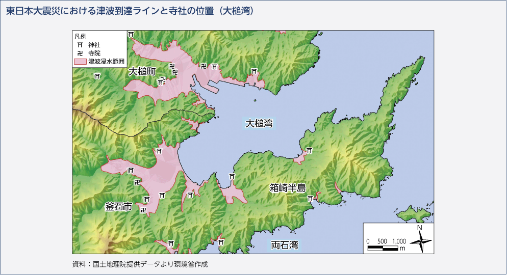 東日本大震災における津波到達ラインと寺社の位置（大槌湾）