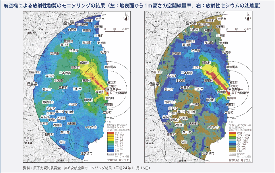 航空機による放射性物質のモニタリングの結果（左：地表面から1m高さの空間線量率、右：放射性セシウムの沈着量）