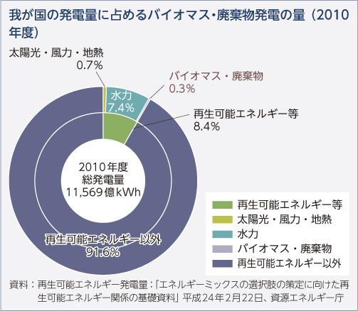 我が国の発電量に占めるバイオマス・廃棄物発電の量（2010年度）