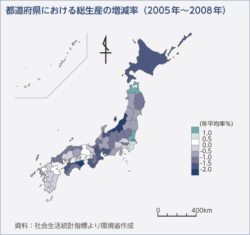 都道府県における総生産の増減率（2005年～2008年）