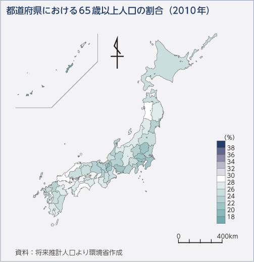 都道府県における65歳以上人口の割合（2010年）
