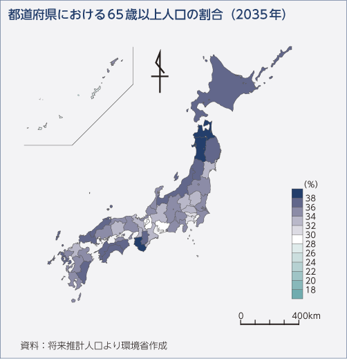 都道府県における65歳以上人口の割合（2035年）