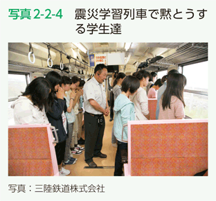 写真2-2-4　震災学習列車で黙とうする学生達