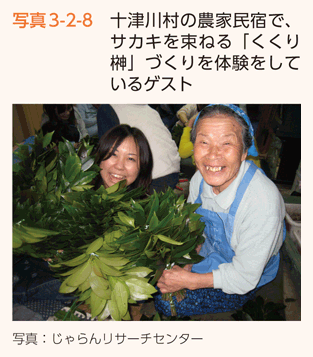 写真3-2-8　十津川村の農家民宿で、サカキを束ねる「くくり榊」づくりを体験をしているゲスト