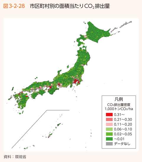 図3-2-28　市区町村別の面積当たりCO2排出量