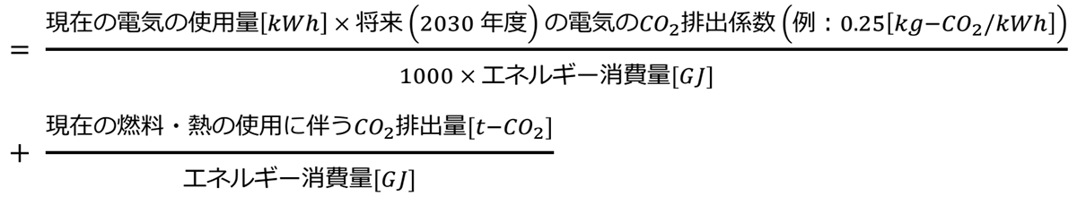 = (現在の電気の使用量[kWh]  × 将来 （2030年度）  の電気の〖CO〗_2 排出係数 （例：0.37[kg-〖CO〗_2/kWh]）)/(1000 × エネルギー消費量[GJ])+ (現在の燃料・熱の使用に伴う〖CO〗_2 排出量[t-〖CO〗_2])/(エネルギー消費量[GJ])