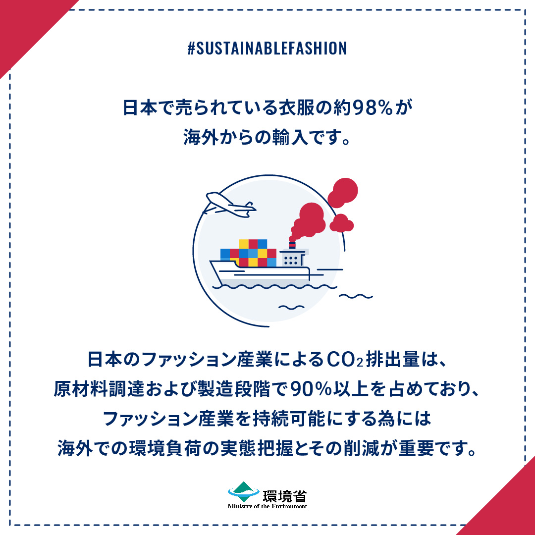 シェア用画像10：日本で売られている衣服の約98%が海外からの輸入です。日本のファッション産業によるCO2排出量の90％以上を原材料調達および製造段階で占めており、ファッション産業を持続可能にする為には海外での環境負荷の実態把握とその削減が重要です。