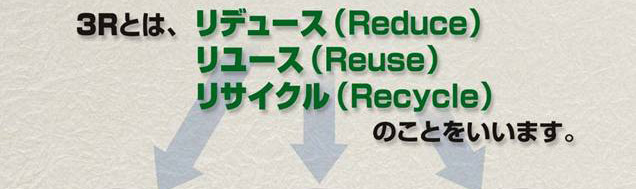 ３Ｒとは、リデュース、リユース、リサイクルのことをいいます。