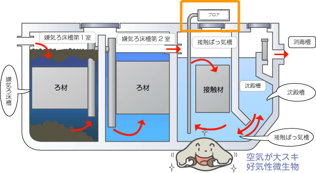 「嫌気ろ床接触ばっ気方式」の 合併処理浄化槽の例