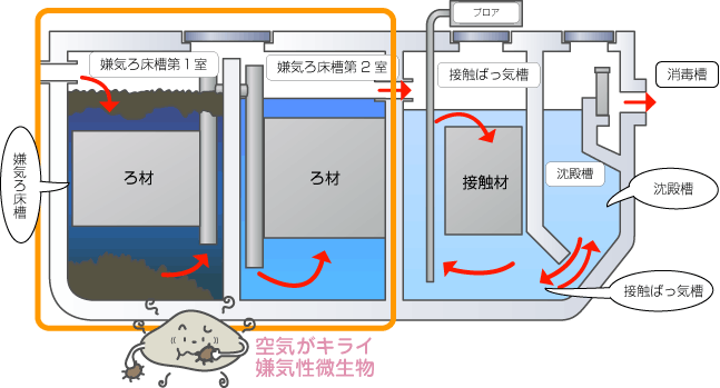 「嫌気ろ床接触ばっ気方式」の 合併処理浄化槽の例