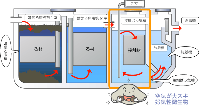 「嫌気ろ床接触ばっ気方式」の 合併処理浄化槽の例
