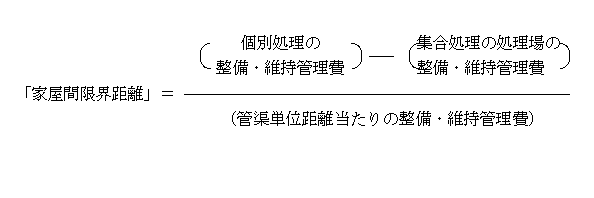 家屋間限界距離＝（個別処理の整備・維持管理費－集合処理の処理場の整備・維持管理費）÷管渠単位距離当たりの整備・維持管理費