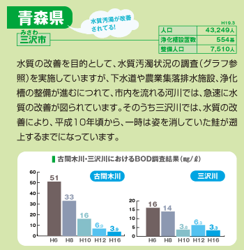 三沢市:水質の改善を目的として、水質汚濁状況の調査（グラフ参照）を実施していますが、下水道や農業集落排水施設、浄化槽の整備が進むにつれて、市内を流れる河川では、急速に水質の改善が図られています。そのうち三沢川では、水質の改善により、平成10年頃から、一時は姿を消していた蛙が遡上するまでになっています。