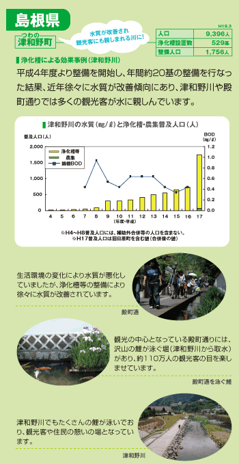 津和野町:平成4年度より整備を開始し、年間約20基の整備を行った結果、近年徐々に水質が改善傾向にあり、津和野川や殿町通りでは多くの感顧客が水にした親しんでいます。
