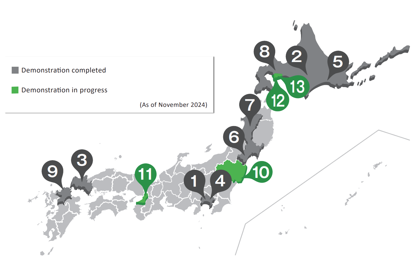 低炭素水素サプライチェーンの実証を行っている都道府県の地図