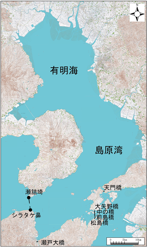 有明海および島原湾範囲または位置（拡大画像）