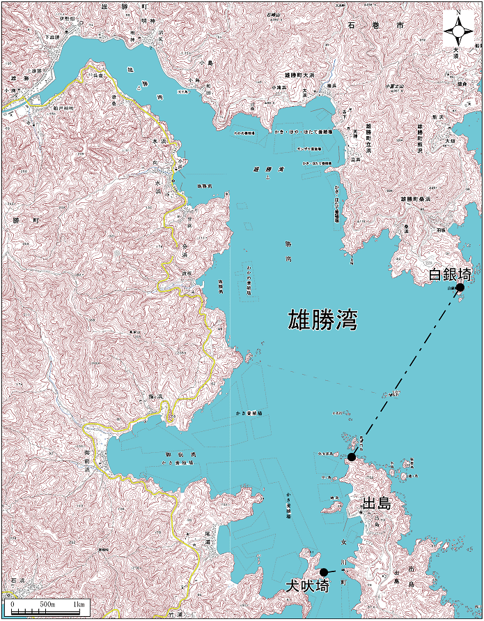 雄勝湾範囲または位置（拡大画像）