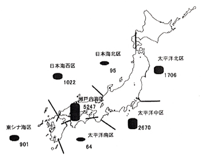 図：1997年のアナゴ類全国海区別漁獲量（反田：2001より）