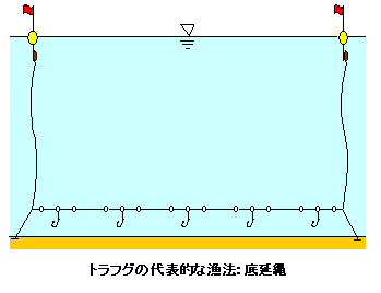 図：トラフグの代表的な漁法（底延縄））