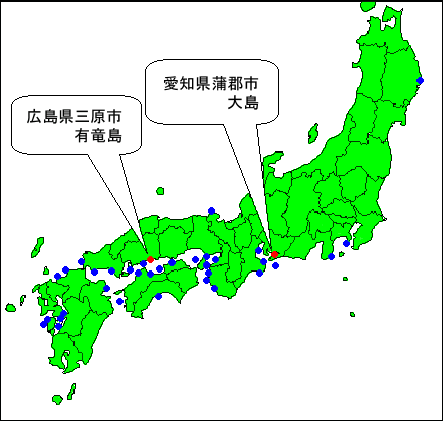 日本沿岸におけるナメクジウオの分布記録図