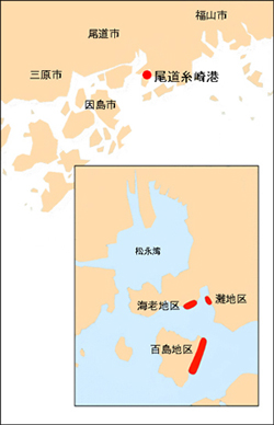 尾道糸崎港及び海老地区、灘地区、百島地区の位置図