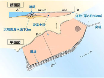 海老地区人工干潟の断面図と平面図（浚渫土砂の上に海砂厚さ50cm）