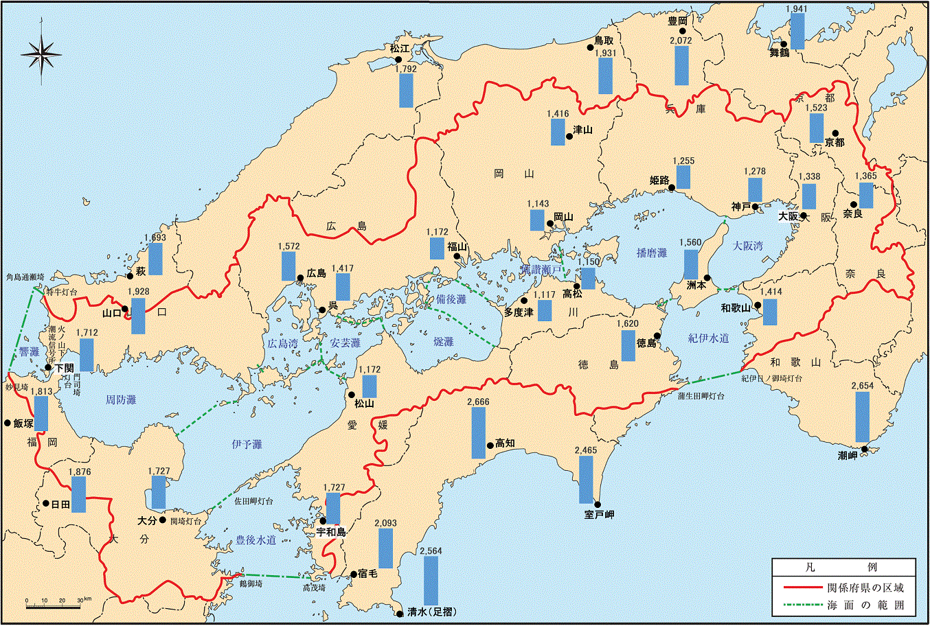 瀬戸内海の年間降水量の分布