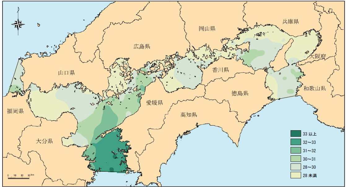 瀬戸内海の塩分（令和２年夏季表層）分布図