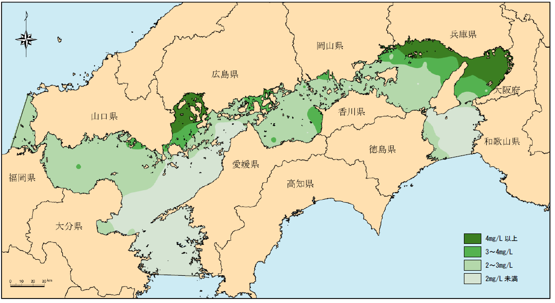 瀬戸内海のＣＯＤ（令和２年夏季表層）分布図