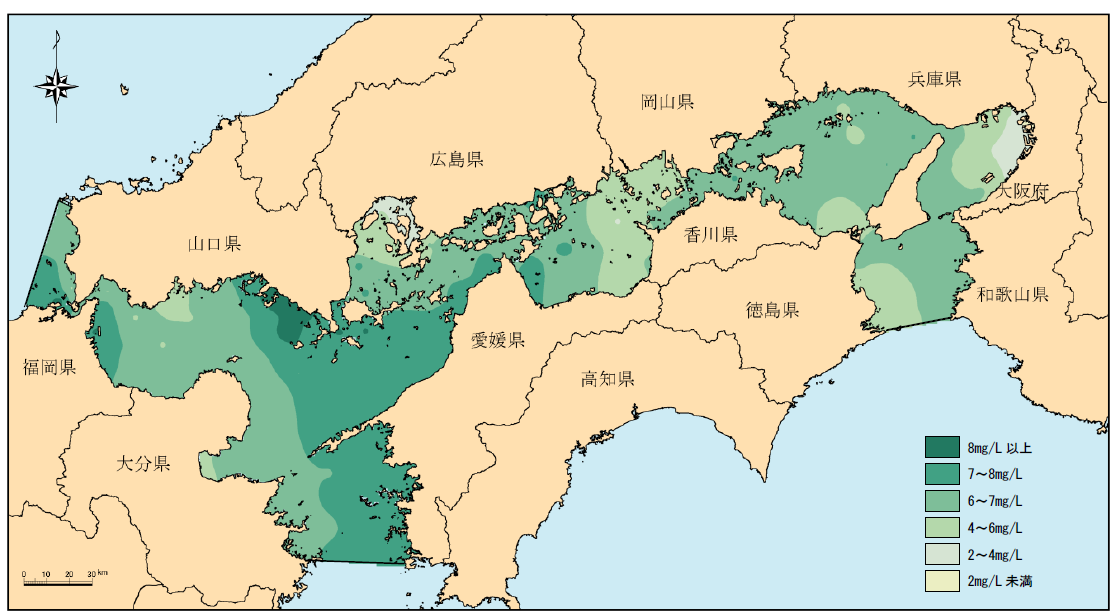 瀬戸内海の下層DO濃度（令和２年夏季表層）分布図