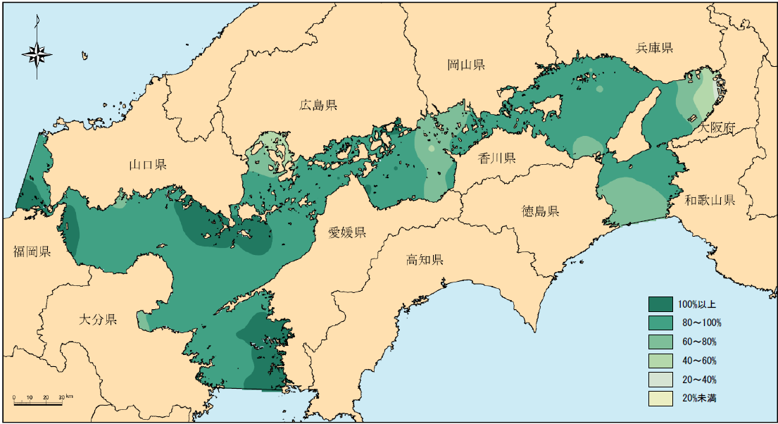 瀬戸内海の下層DO飽和度（令和２年夏季表層）分布図